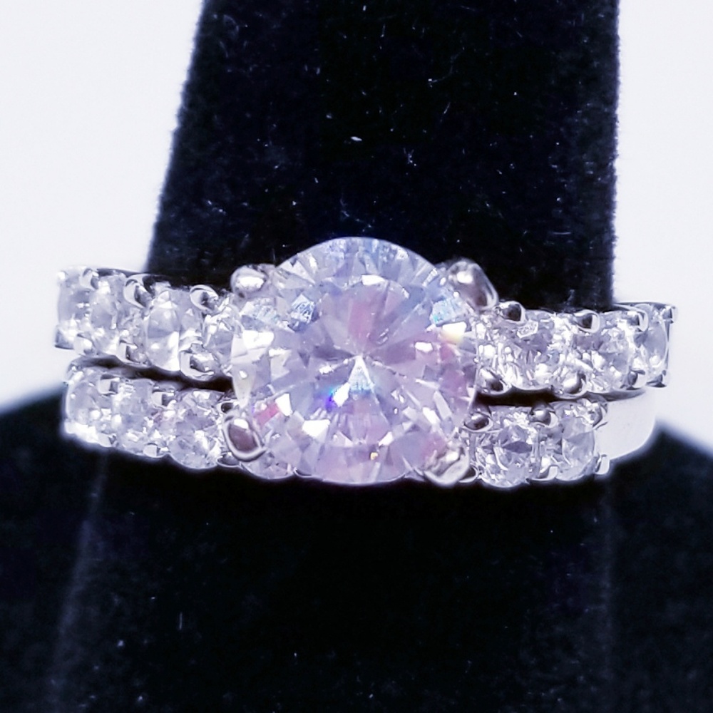 Sterling Silver Wedding Ring Set 925 CZ Round sz 6 - Picture 7 of 8